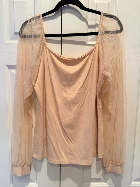 dorose Tops - Soft Ribbed Top by Dorose in Peach Sheer Puff Sleeves